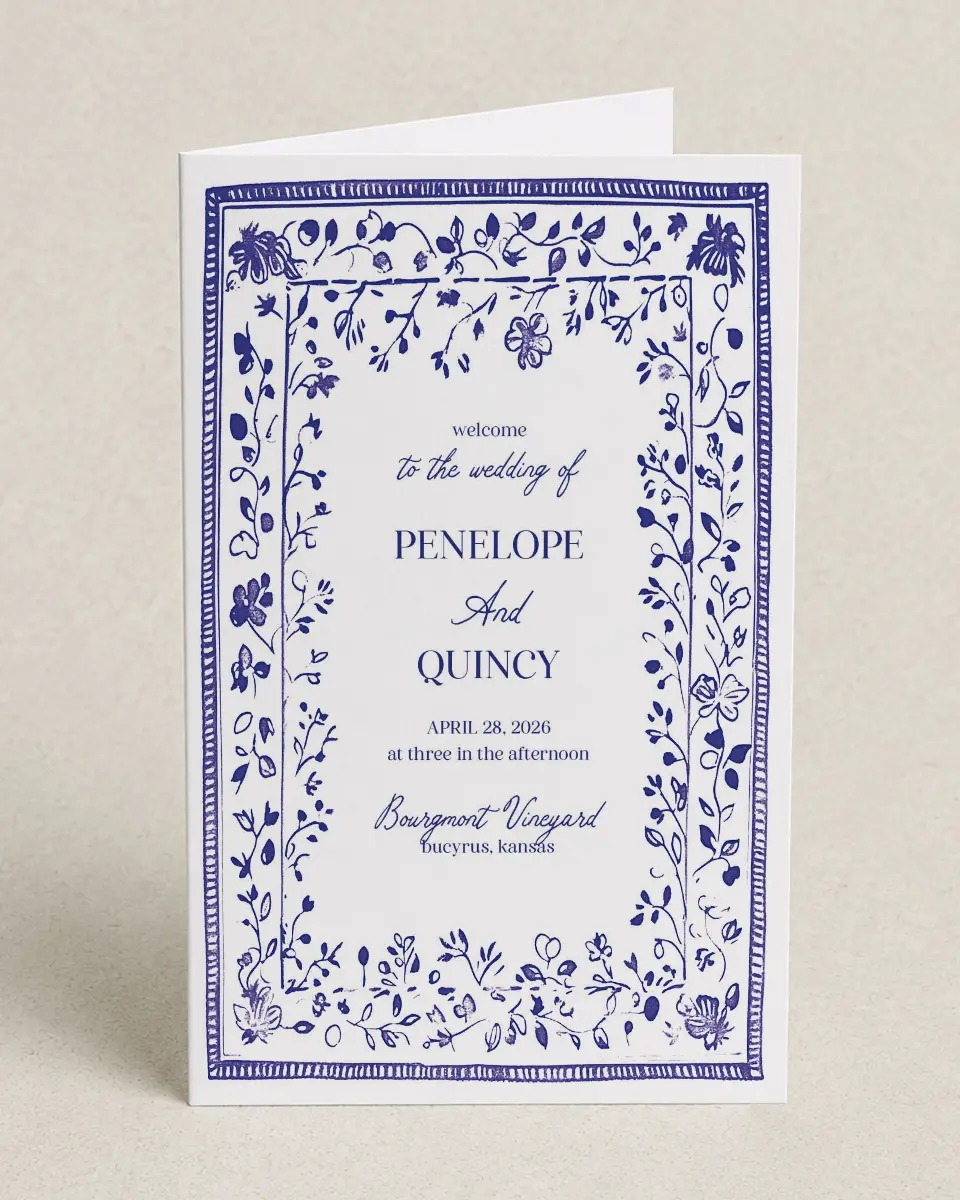 This is a 5" x 7⅞" Folded Half-fold Wedding Program called Storybook Garden printed in full color on Premium Smooth paper