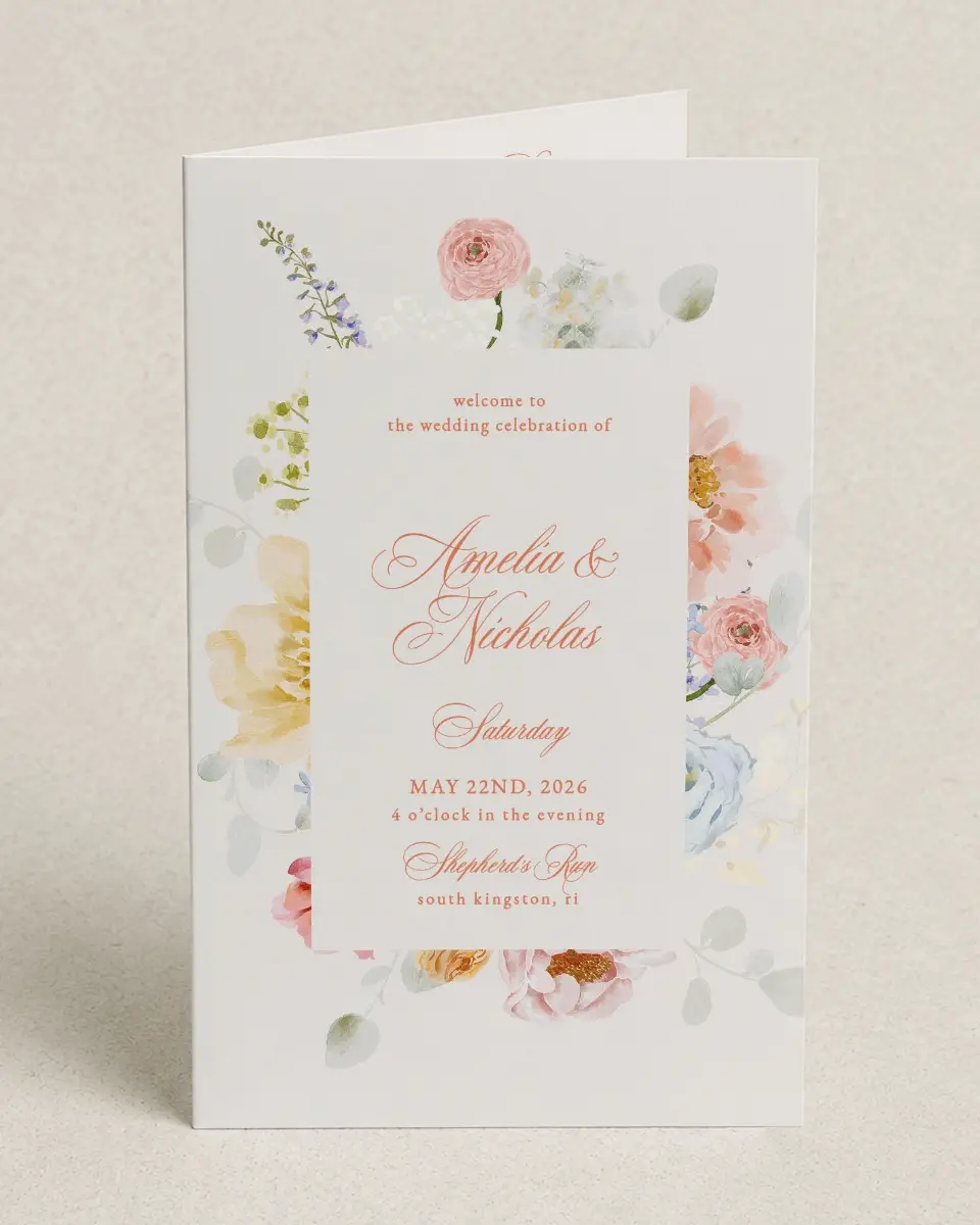 This is a 5" x 7⅞" Folded Half-fold Wedding Program called Forever Favorite printed in full color on Premium Smooth paper