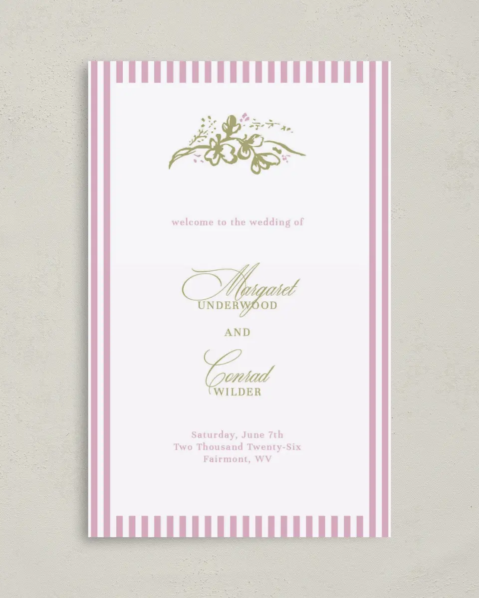 This is a 5" x 7⅞" Folded Half-fold Wedding Program called Evening in Bloom printed in full color on Premium Smooth paper