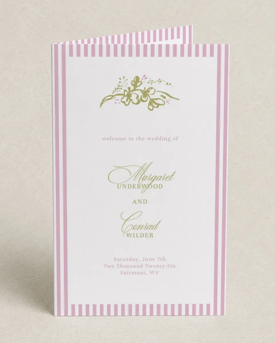 This is a 5" x 7⅞" Folded Half-fold Wedding Program called Evening in Bloom printed in full color on Premium Smooth paper