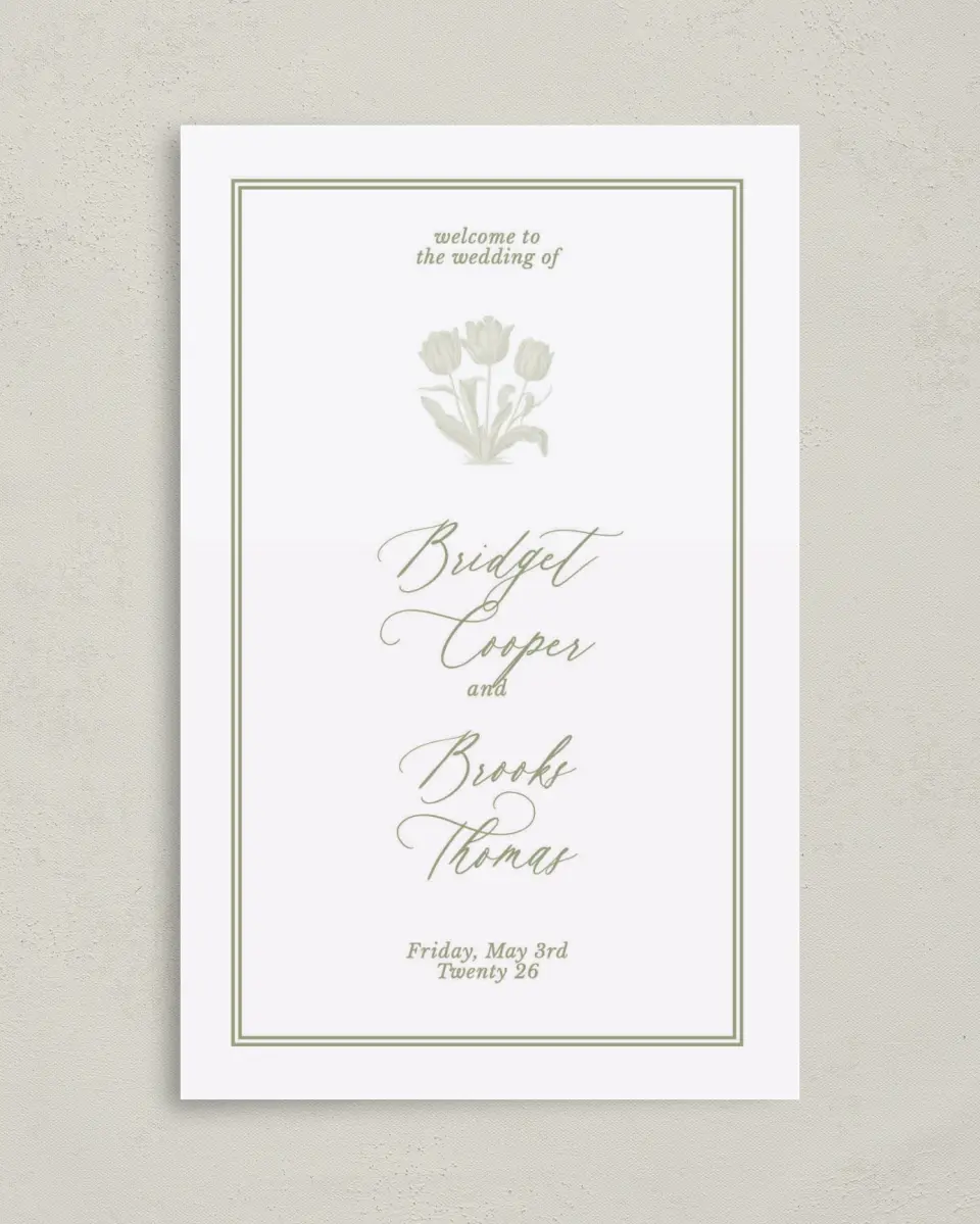 This is a 5" x 7⅞" Folded Half-fold Wedding Program called Timeless Tulips printed in full color with Rose Gold foil on Luxe Satin (coated) paper