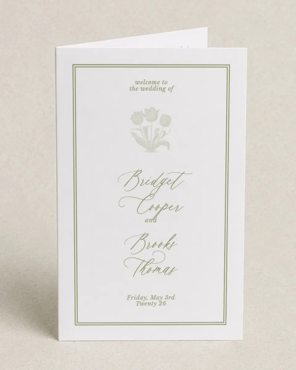 This is a 5" x 7⅞" Folded Half-fold Wedding Program called Timeless Tulips printed in full color on Premium Smooth paper