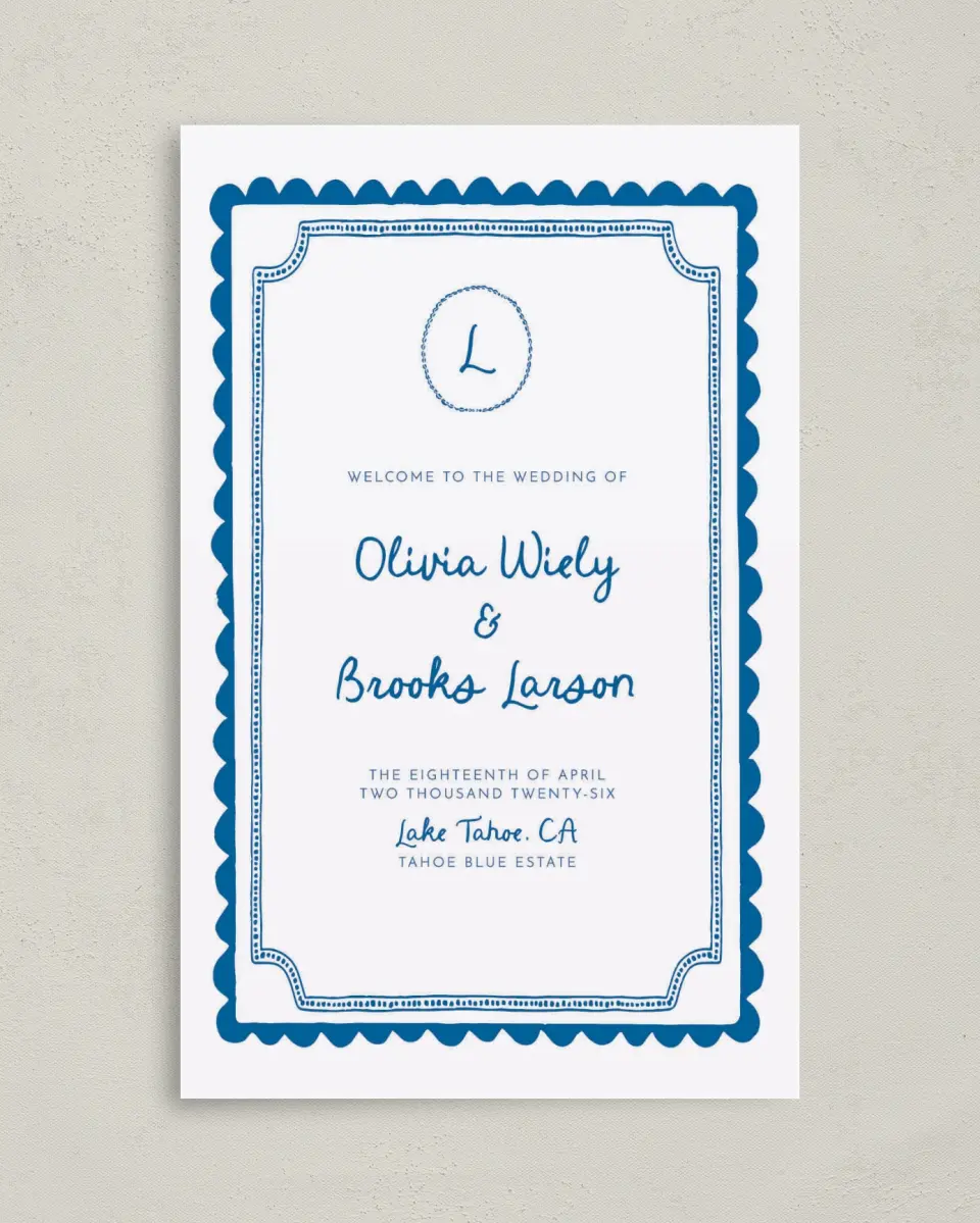 This is a 5" x 7⅞" Folded Half-fold Wedding Program called Scalloped Elegance printed in full color on Premium Smooth paper