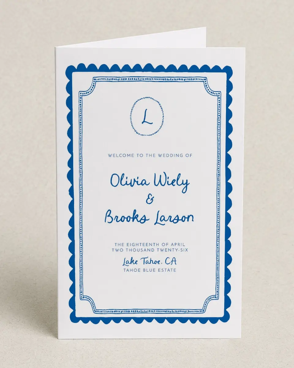 This is a 5" x 7⅞" Folded Half-fold Wedding Program called Scalloped Elegance printed in full color on Premium Smooth paper