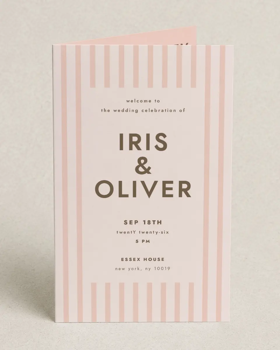 This is a 5" x 7⅞" Folded Half-fold Wedding Program called Serendipity & Stripes printed in full color on Premium Smooth paper