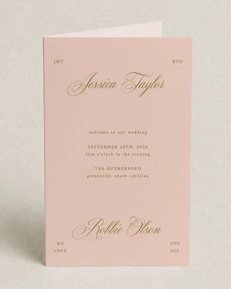 This is a 5" x 7⅞" Folded Half-fold Wedding Program called Love Off Script printed in full color on Premium Smooth paper