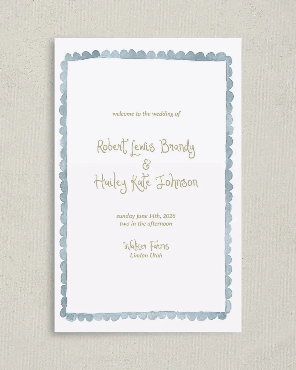 This is a 5" x 7⅞" Folded Half-fold Wedding Program called Soft Meadows printed in full color with Rose Gold foil on Luxe Satin (coated) paper