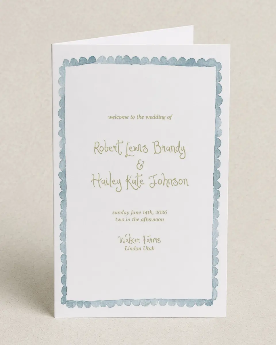 This is a 5" x 7⅞" Folded Half-fold Wedding Program called Soft Meadows printed in full color on Premium Smooth paper