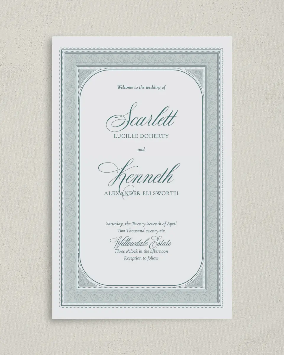 This is a 5" x 7⅞" Folded Half-fold Wedding Program called Delicate Vintage printed in full color on Premium Smooth paper
