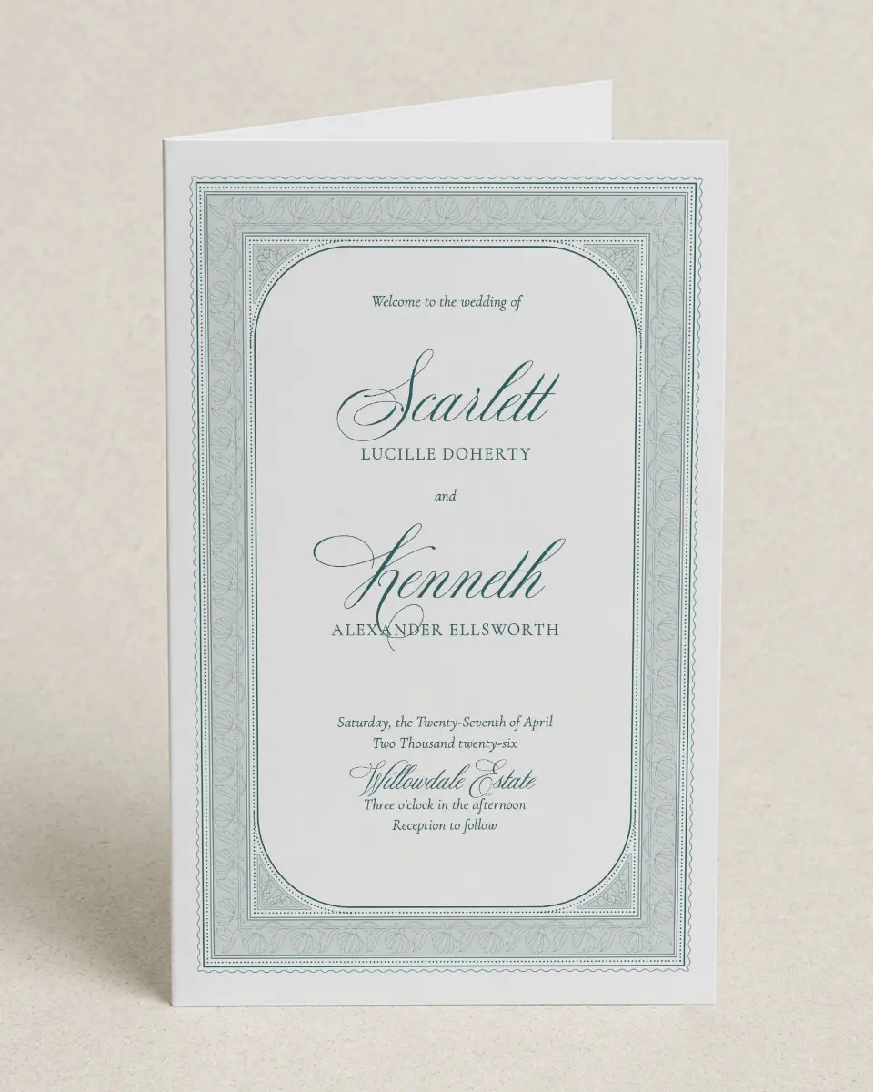 This is a 5" x 7⅞" Folded Half-fold Wedding Program called Delicate Vintage printed in full color on Premium Smooth paper