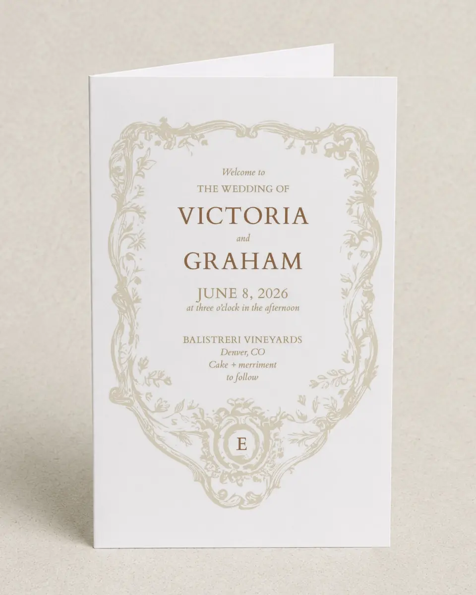 This is a 5" x 7⅞" Folded Half-fold Wedding Program called Soft Branchlets printed in full color on Premium Smooth paper