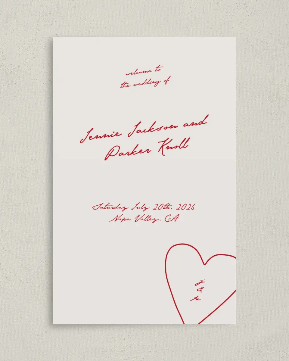 This is a 5" x 7⅞" Folded Half-fold Wedding Program called With All Our Love printed in full color with Rose Gold foil on Luxe Satin (coated) paper