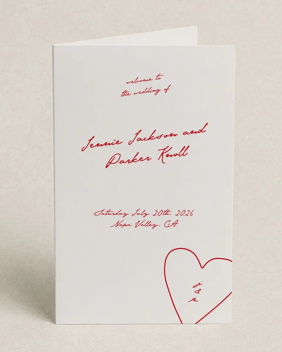 This is a 5" x 7⅞" Folded Half-fold Wedding Program called With All Our Love printed in full color on Premium Smooth paper