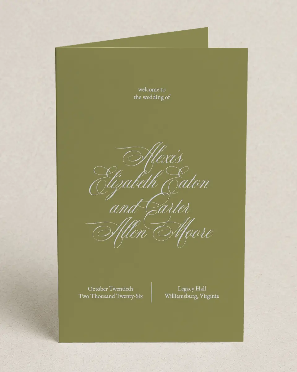 This is a 5" x 7⅞" Folded Half-fold Wedding Program called Signature Vows printed in full color on Premium Smooth paper