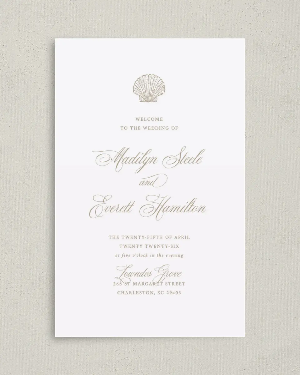This is a 5" x 7⅞" Folded Half-fold Wedding Program called Elegant Shell printed in full color with Rose Gold foil on Luxe Satin (coated) paper