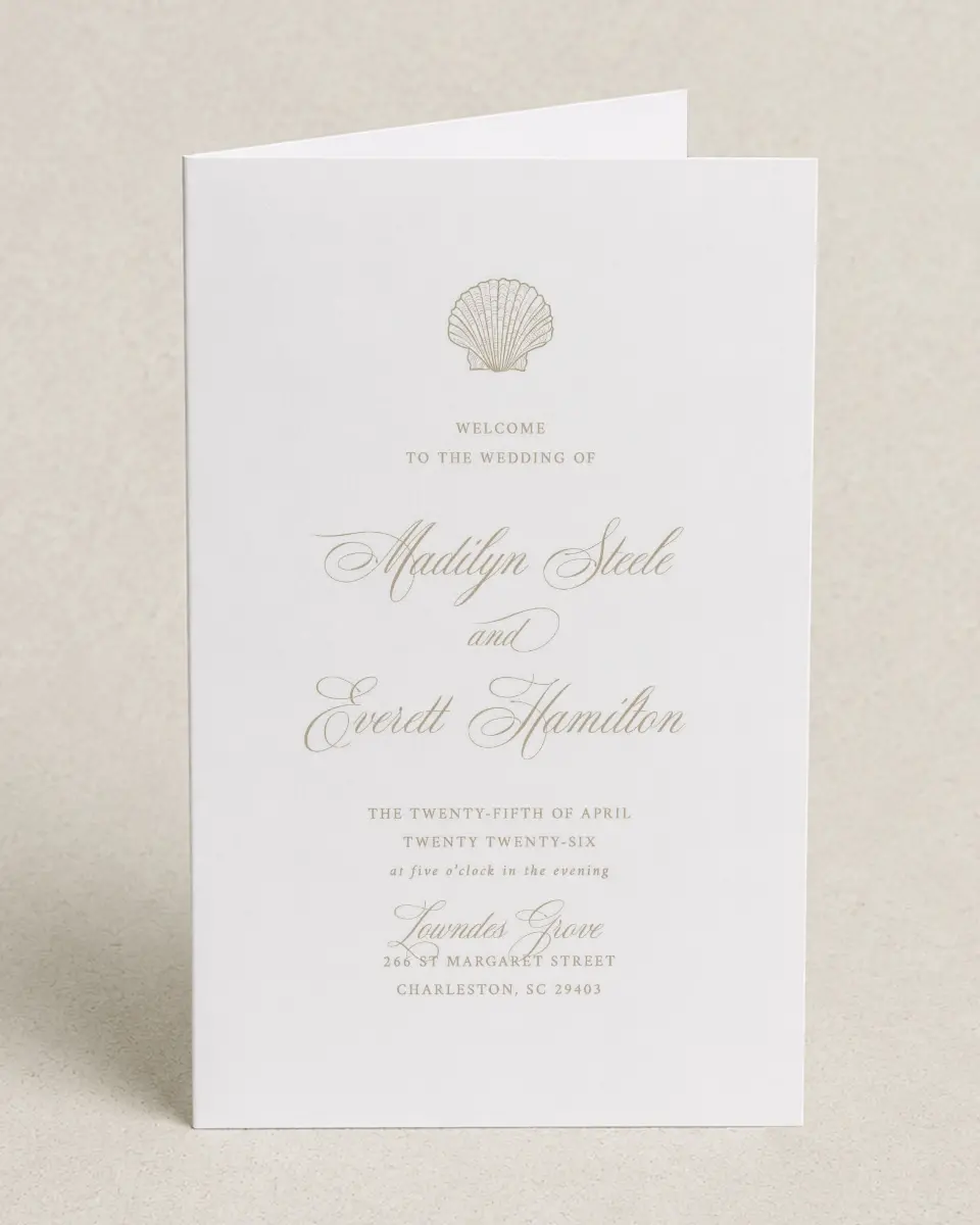 This is a 5" x 7⅞" Folded Half-fold Wedding Program called Elegant Shell printed in full color on Premium Smooth paper