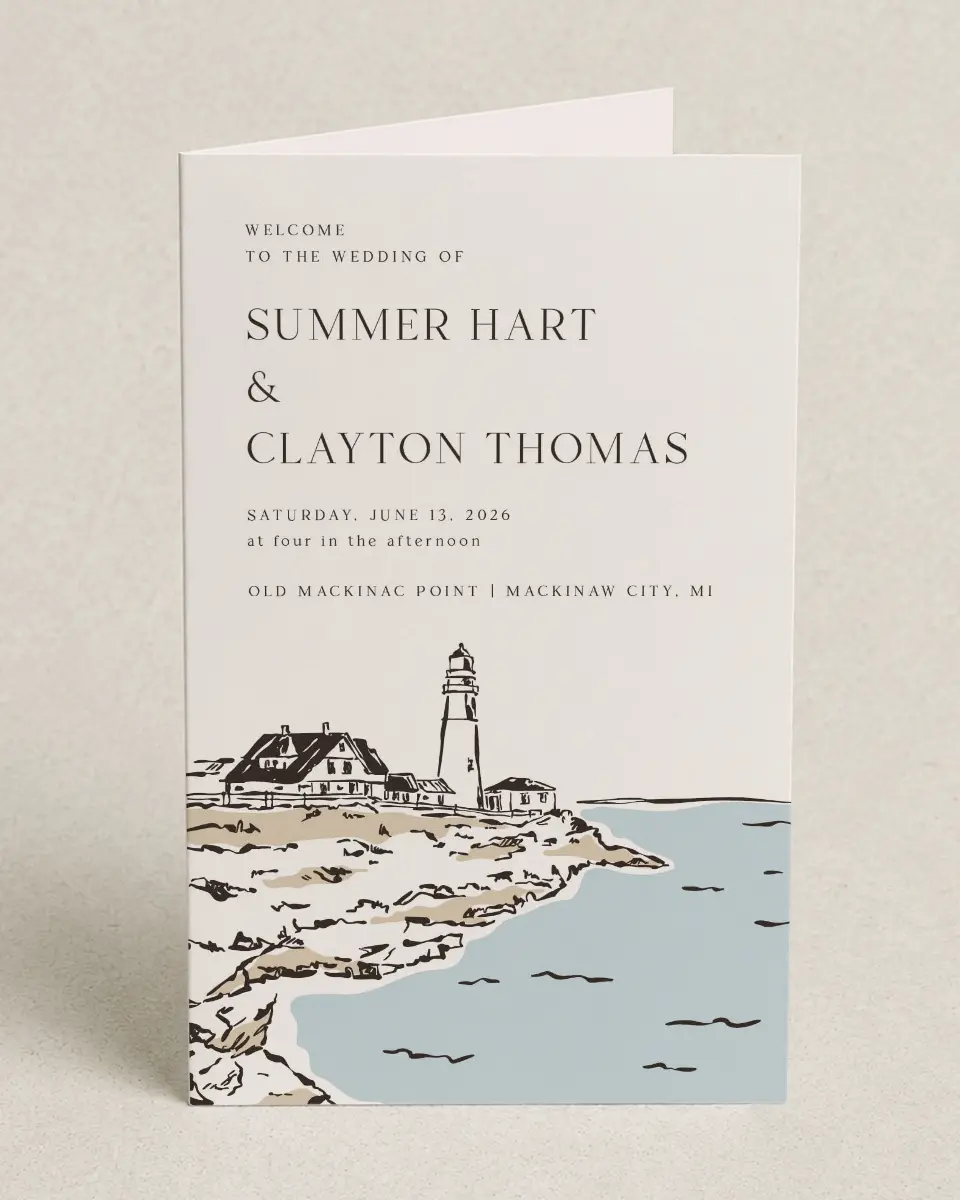 This is a 5" x 7⅞" Folded Half-fold Wedding Program called Beacon of Love printed in full color on Premium Smooth paper