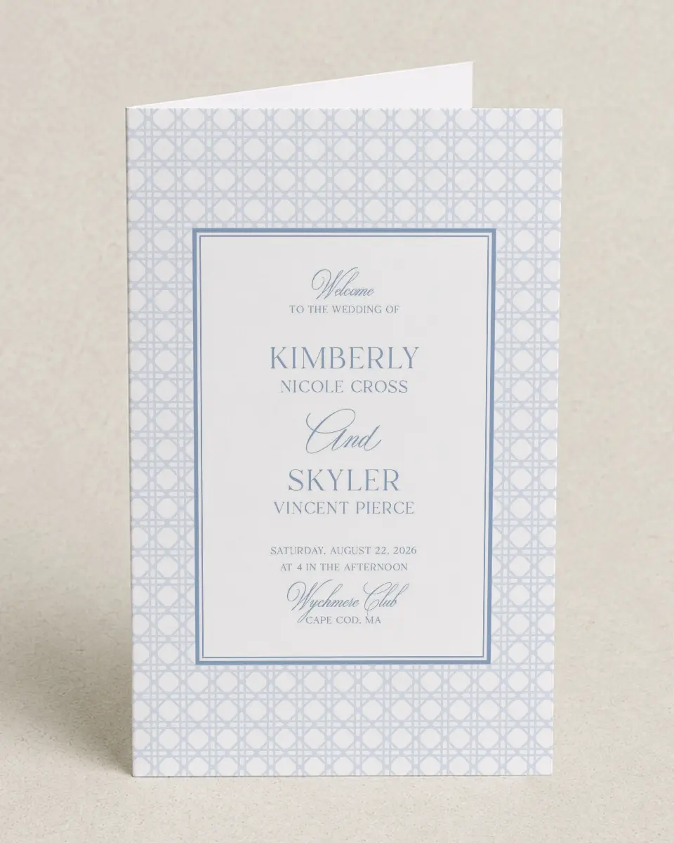 This is a 5" x 7⅞" Folded Half-fold Wedding Program called Woven Serenity printed in full color on Premium Smooth paper