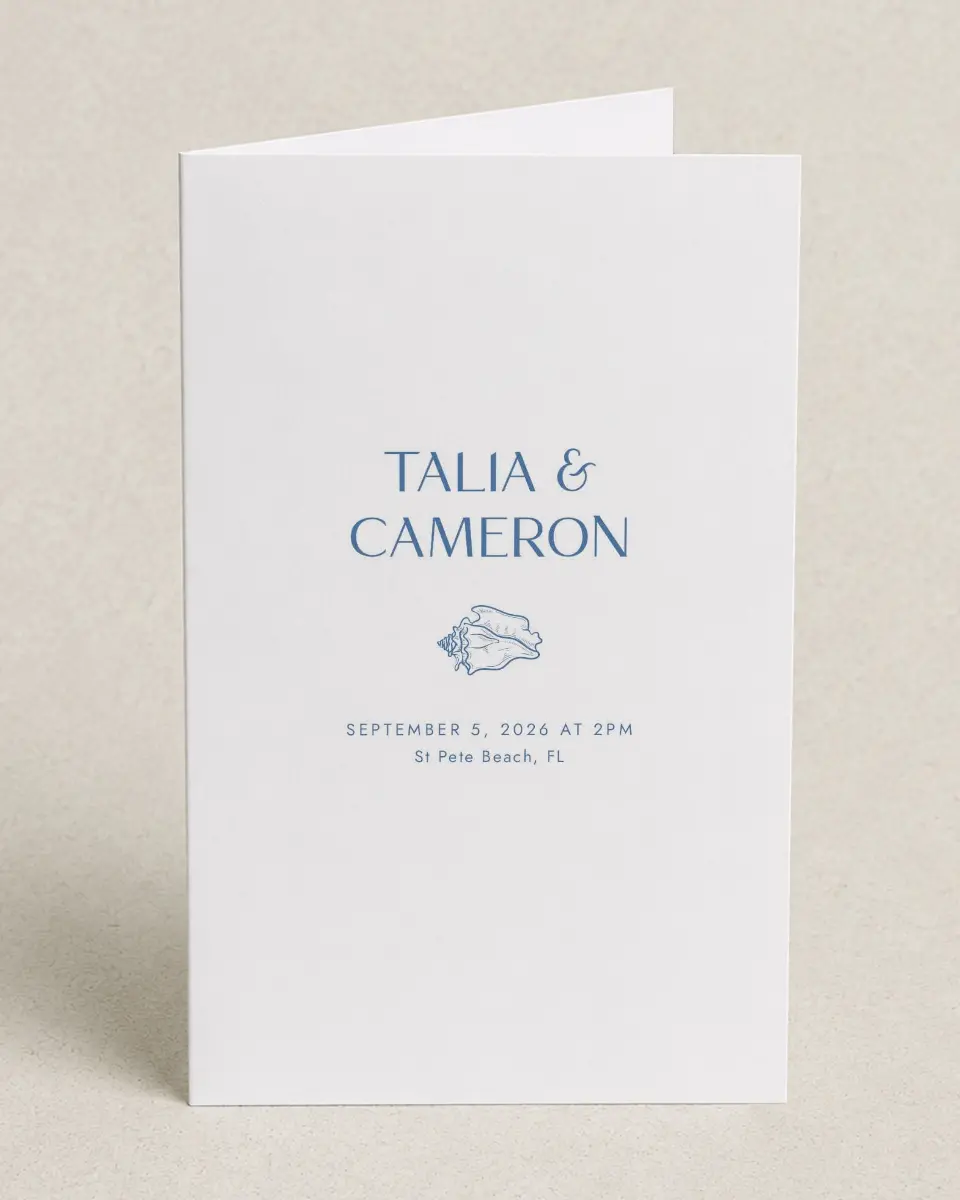 This is a 5" x 7⅞" Folded Half-fold Wedding Program called Seaside Serenade printed in full color on Premium Smooth paper