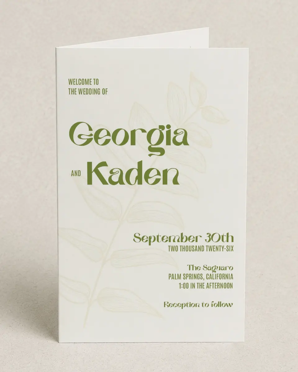 This is a 5" x 7⅞" Folded Half-fold Wedding Program called Zephyr printed in full color on Premium Smooth paper