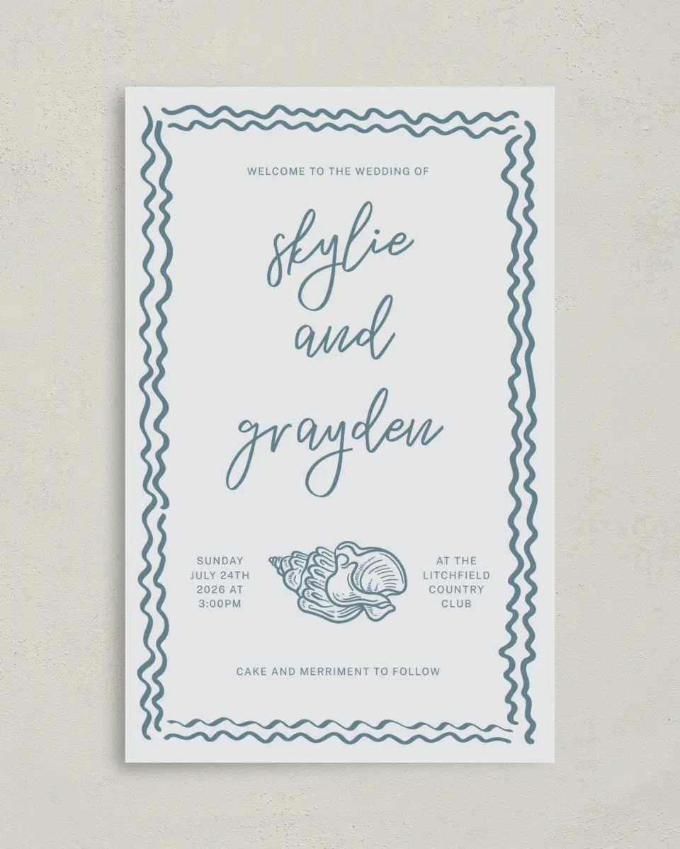 This is a 5" x 7⅞" Folded Half-fold Wedding Program called I Hear Wedding Shells printed in full color with Rose Gold foil on Luxe Satin (coated) paper