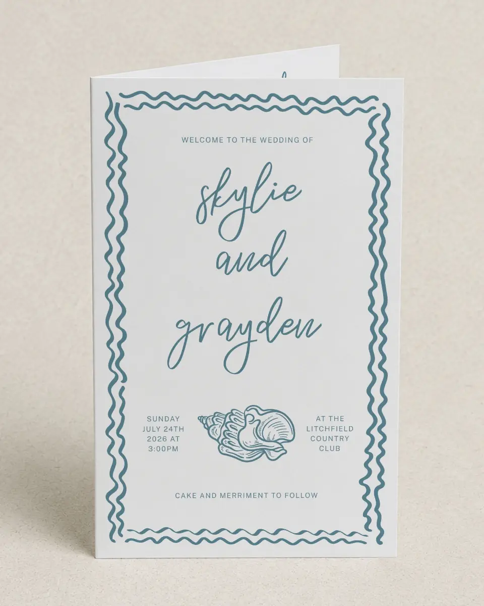 This is a 5" x 7⅞" Folded Half-fold Wedding Program called I Hear Wedding Shells printed in full color on Premium Smooth paper