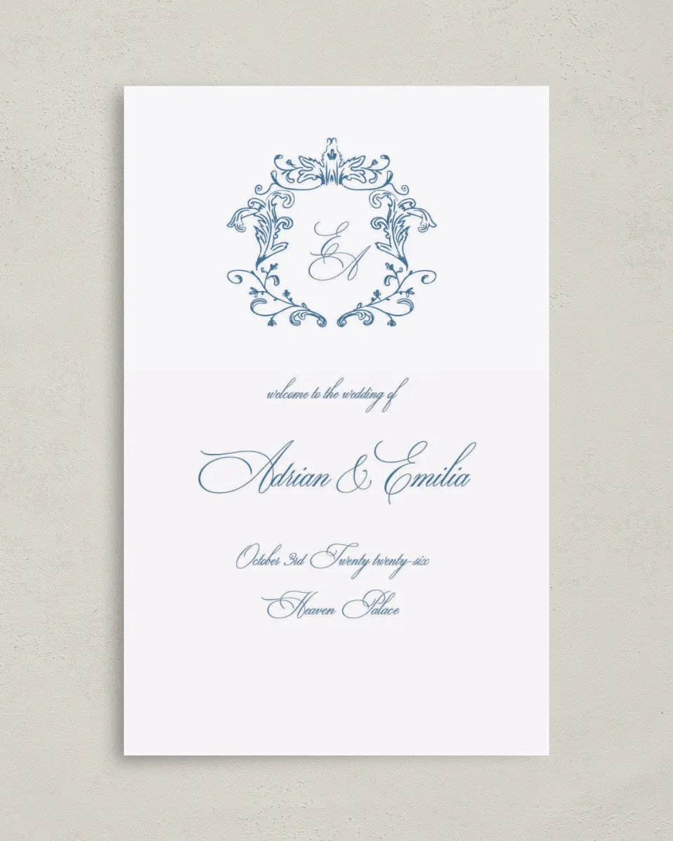 This is a 5" x 7⅞" Folded Half-fold Wedding Program called Blue Toile Romance printed in full color with Gold foil on Luxe Satin (coated) paper