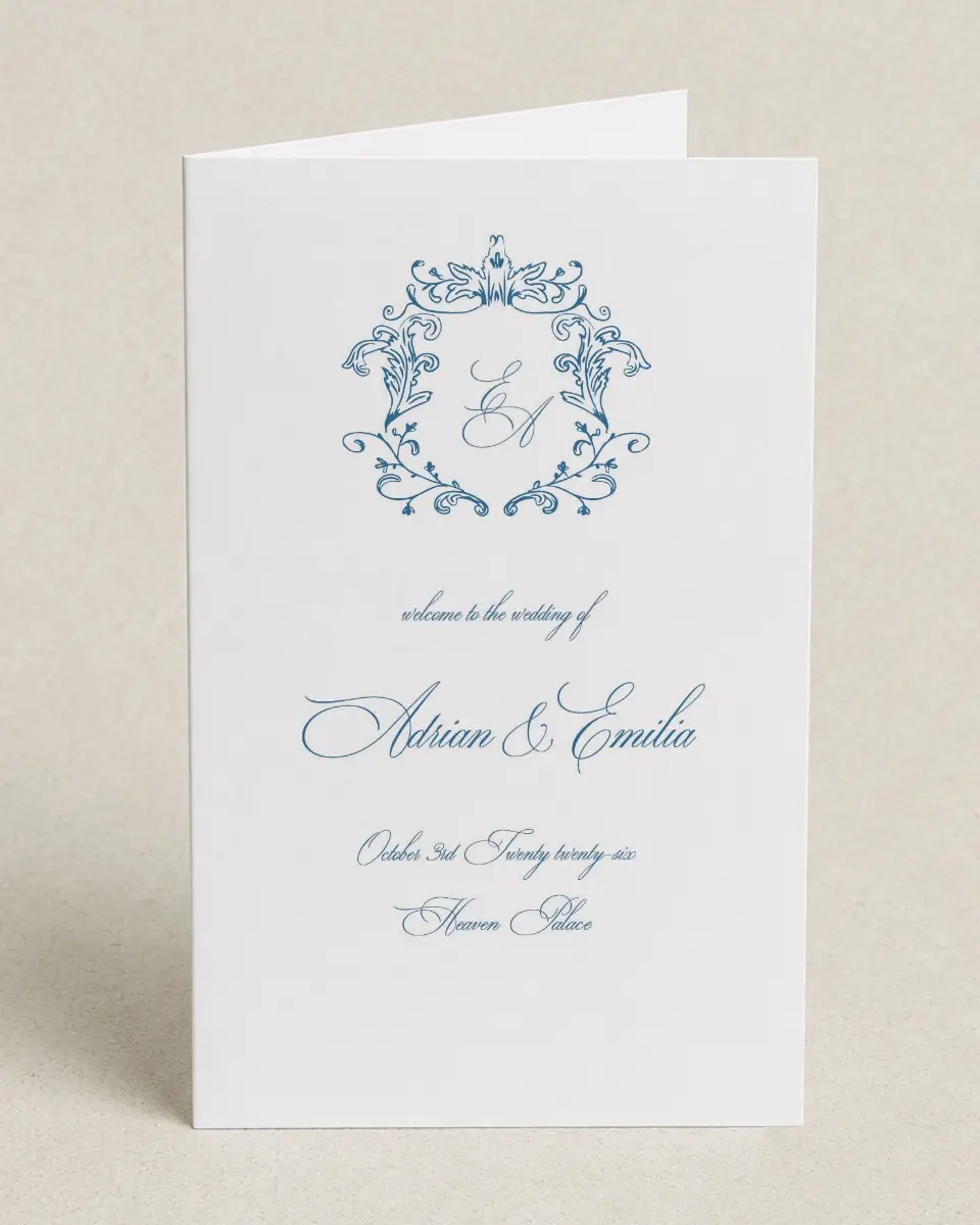This is a 5" x 7⅞" Folded Half-fold Wedding Program called Blue Toile Romance printed in full color on Premium Smooth paper