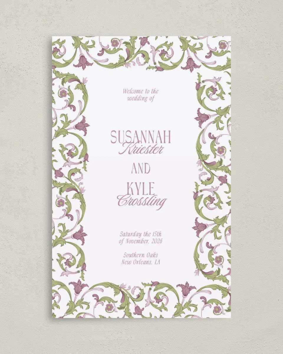 This is a 5" x 7⅞" Folded Half-fold Wedding Program called Ornate Garden printed in full color with Rose Gold foil on Luxe Satin (coated) paper