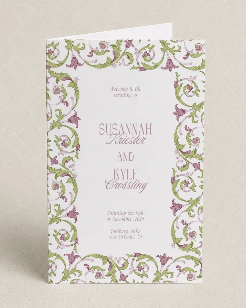This is a 5" x 7⅞" Folded Half-fold Wedding Program called Ornate Garden printed in full color on Premium Smooth paper