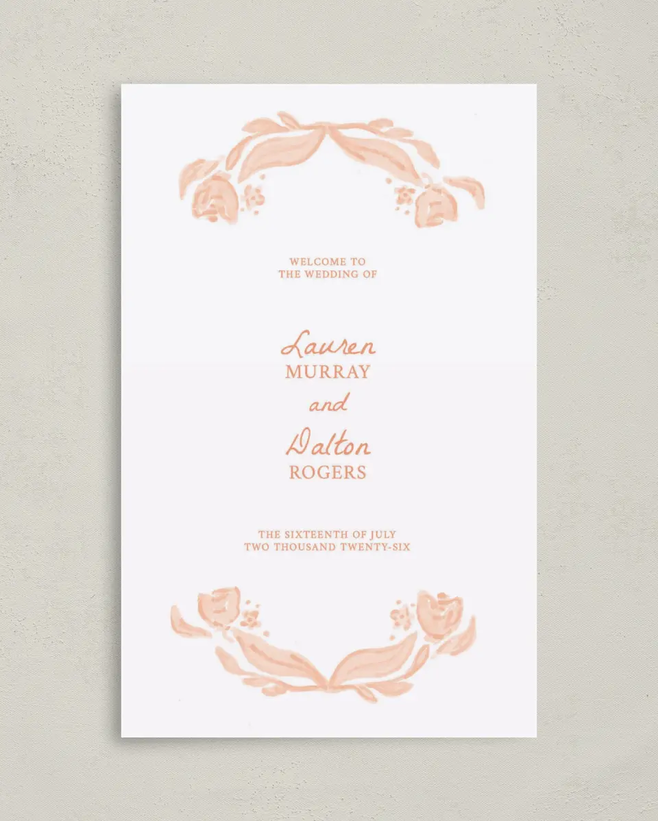 This is a 5" x 7⅞" Folded Half-fold Wedding Program called Ever After Blooms printed in full color with Rose Gold foil on Luxe Satin (coated) paper