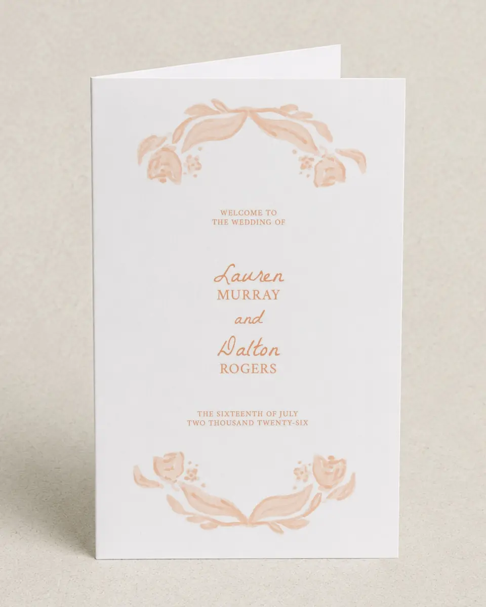 This is a 5" x 7⅞" Folded Half-fold Wedding Program called Ever After Blooms printed in full color on Premium Smooth paper
