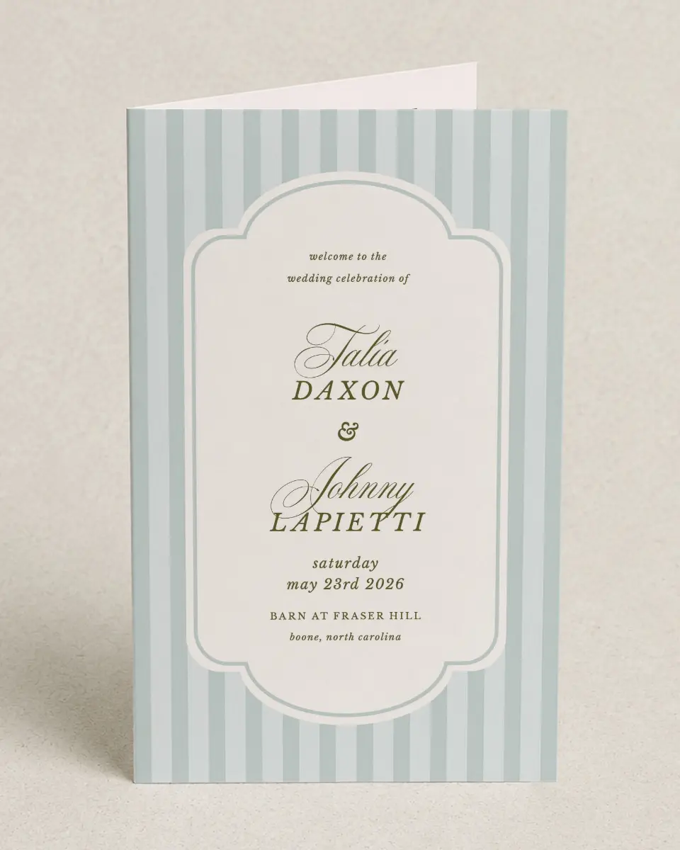 This is a 5" x 7⅞" Folded Half-fold Wedding Program called Love You Forever printed in full color on Premium Smooth paper