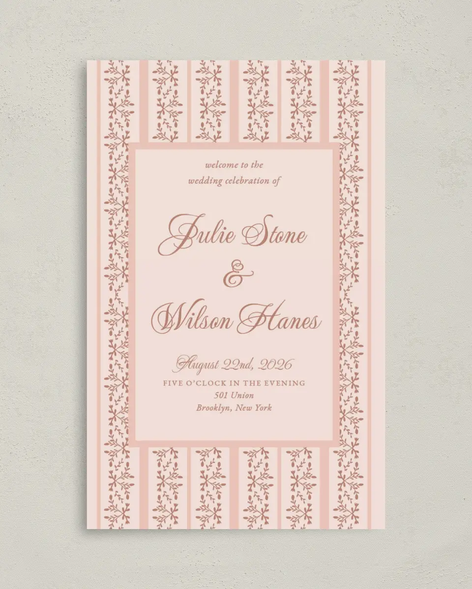 This is a 5" x 7⅞" Folded Half-fold Wedding Program called Patterned Love printed in full color on Premium Smooth paper