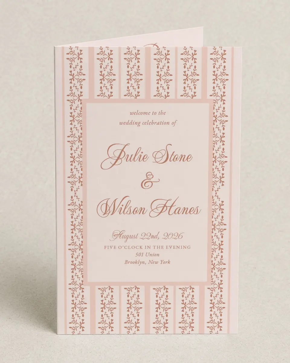 This is a 5" x 7⅞" Folded Half-fold Wedding Program called Patterned Love printed in full color on Premium Smooth paper
