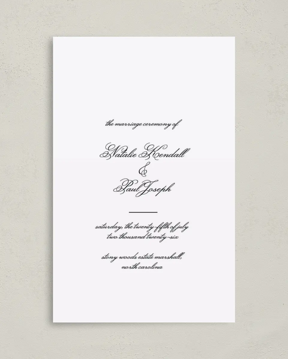 This is a 5" x 7⅞" Folded Half-fold Wedding Program called Formal Script printed in full color on Premium Smooth paper