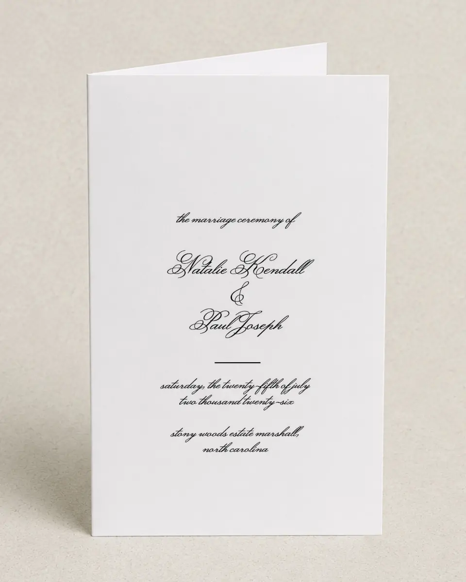 This is a 5" x 7⅞" Folded Half-fold Wedding Program called Formal Script printed in full color on Premium Smooth paper