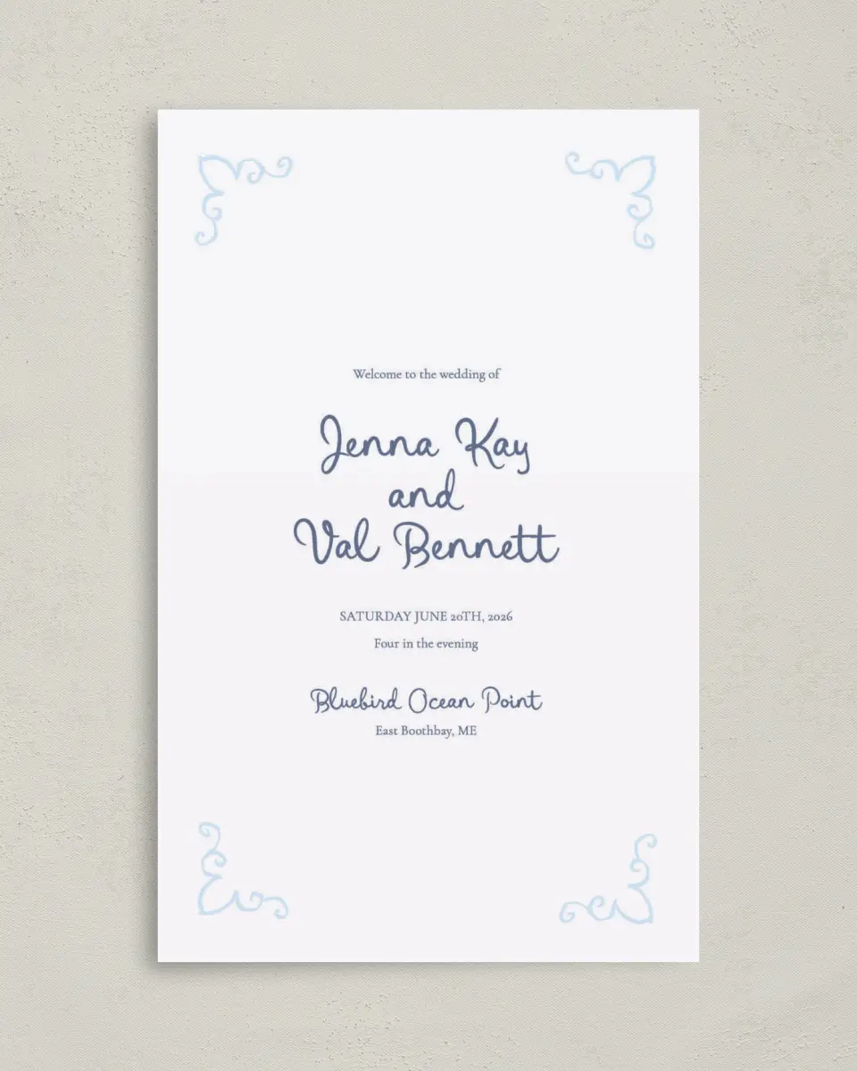 This is a 5" x 7⅞" Folded Half-fold Wedding Program called Love by the Sea printed in full color on Premium Smooth paper