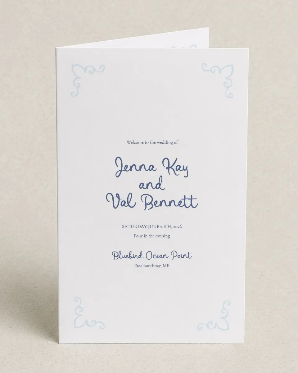 This is a 5" x 7⅞" Folded Half-fold Wedding Program called Love by the Sea printed in full color on Premium Smooth paper