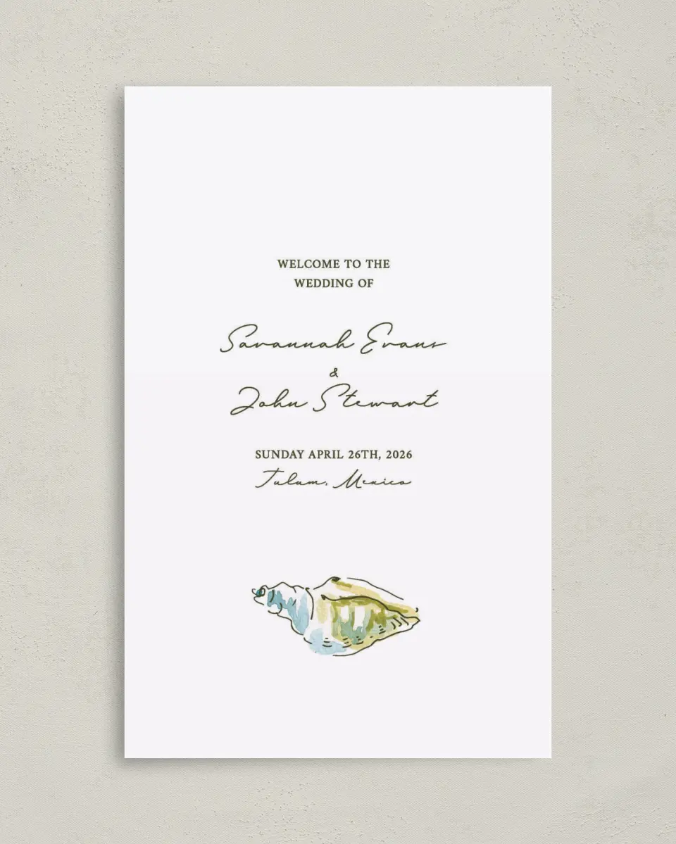 This is a 5" x 7⅞" Folded Half-fold Wedding Program called Whimsical Shells printed in full color on Premium Smooth paper