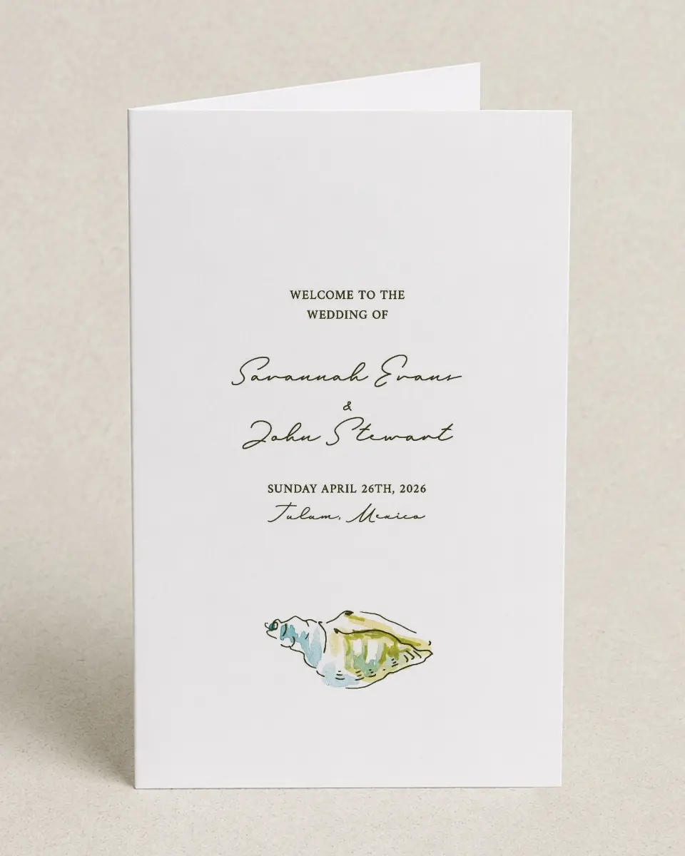 This is a 5" x 7⅞" Folded Half-fold Wedding Program called Whimsical Shells printed in full color on Premium Smooth paper
