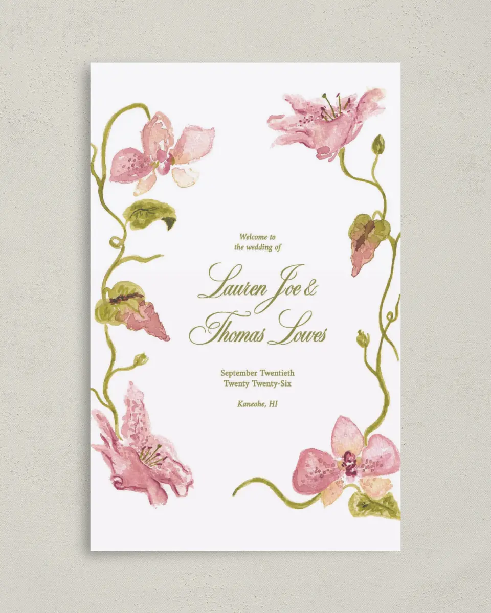 This is a 5" x 7⅞" Folded Half-fold Wedding Program called Paradise in Bloom printed in full color on Premium Smooth paper