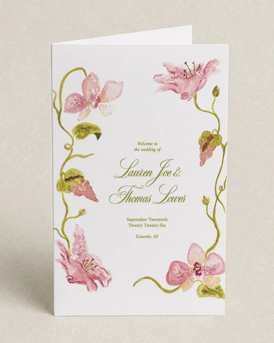 This is a 5" x 7⅞" Folded Half-fold Wedding Program called Paradise in Bloom printed in full color on Premium Smooth paper