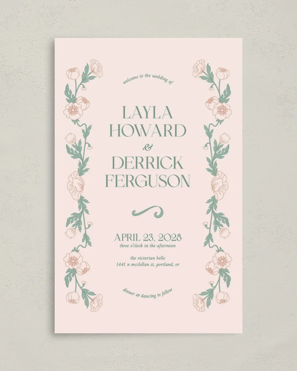 This is a 5" x 7⅞" Folded Half-fold Wedding Program called Vintage Dream printed in full color with Gold foil on Premium Smooth paper