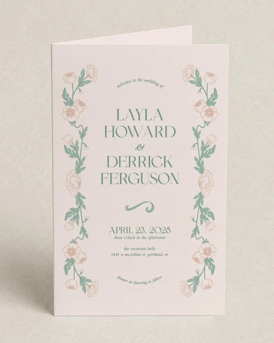 This is a 5" x 7⅞" Folded Half-fold Wedding Program called Vintage Dream printed in full color with Gold foil on Premium Smooth paper