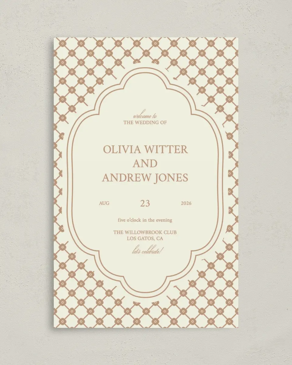 This is a 5" x 7⅞" Folded Half-fold Wedding Program called Beaded Veil printed in full color with Gold foil on Premium Smooth paper