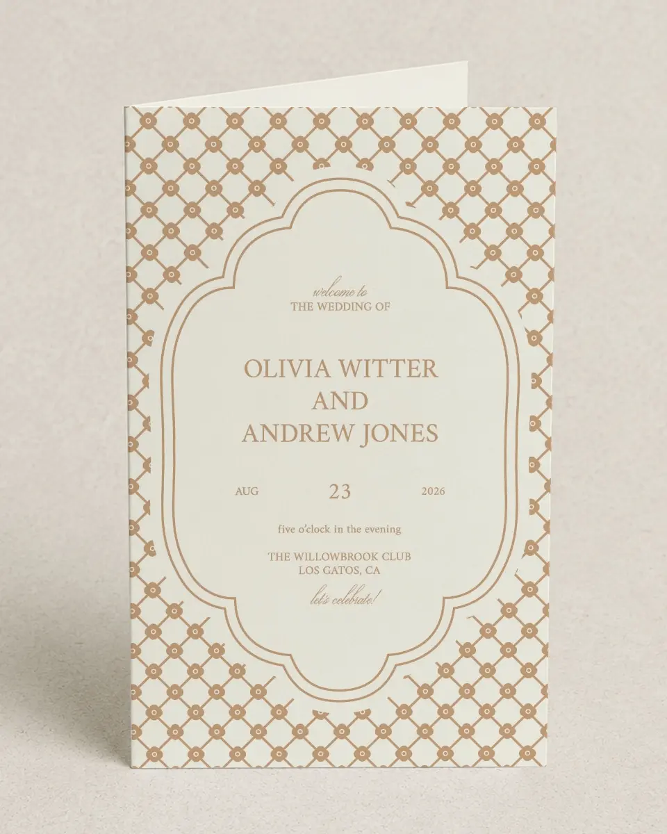 This is a 5" x 7⅞" Folded Half-fold Wedding Program called Beaded Veil printed in full color with Gold foil on Premium Smooth paper