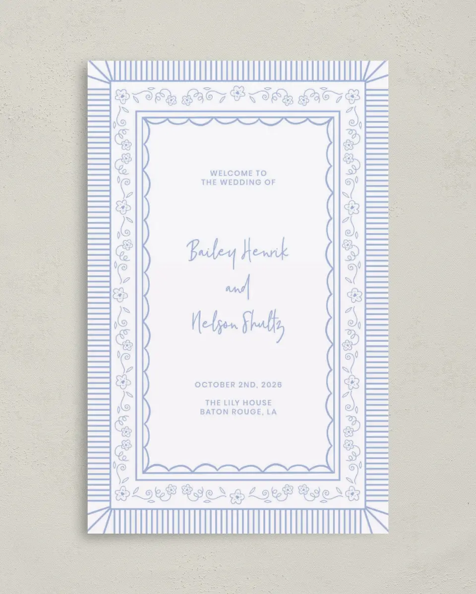 This is a 5" x 7⅞" Folded Half-fold Wedding Program called Framed in Flowers printed in full color with Gold foil on Premium Smooth paper