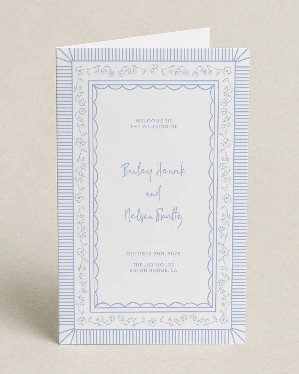 This is a 5" x 7⅞" Folded Half-fold Wedding Program called Framed in Flowers printed in full color with Gold foil on Premium Smooth paper