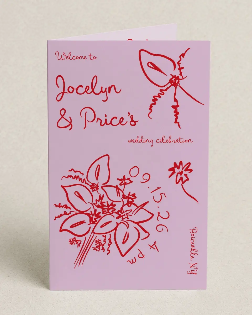 This is a 5" x 7⅞" Folded Half-fold Wedding Program called Flourishing Love printed in full color with Gold foil on Premium Smooth paper